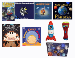 Stories on the go kit: Space.  There are six books, a magnetic rocket, a galaxy flashlight, and a solar system puzzle.